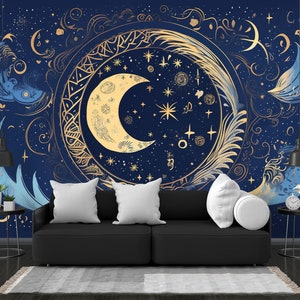 Astrology magic cosmic crescent moon sun mystical illustration pattern Easy-Install Wall Mural Wallpaper Peel and Stick Modern Art Washable