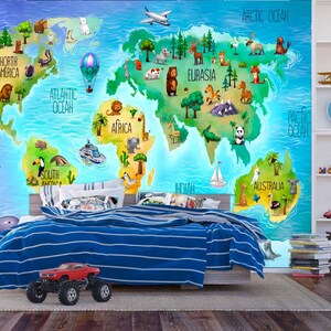 Weltkarte Reise Tiere Wunder Kinderzimmer Dekor Geschenk für Kinderzimmer Einfach zu installierendes Wandbild Tapete abziehen und aufkleben Moderne Kunst Waschbar