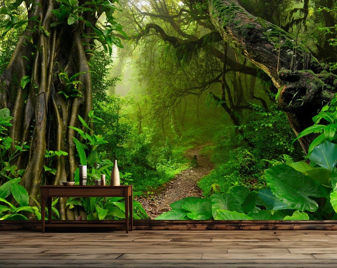 Pathway in Deep Forest Thailand Jungle Gift, Art Print Photomural Wallpaper Mural Easy-Install Removeable Peel and Stick Large Wall Decal