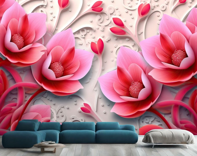 3D Pink Flowers Blossom Elegant Floral Gift Art Print Photomural Wallpaper Mural Easy-Install Removeable Peel and Stick Large Wall Decal Art