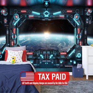 Spaceship Window View Wall Mural, Outer Space Kids, Peel and Stick Wallpaper