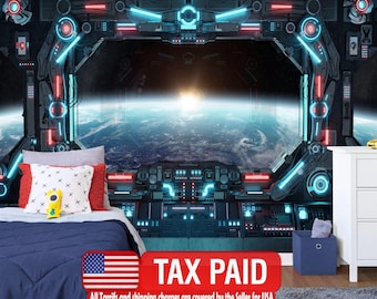 Spaceship Window View Wall Mural, Outer Space Kids, Peel and Stick Wallpaper