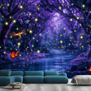Enchanted Forest Luminous Mushrooms Gift, Art Print Photomural Wallpaper Mural Easy-Install Removeable Peel and Stick Large Wall Decal Art