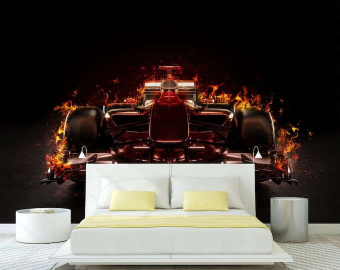 Flaming Formula 1 Sport Car Wallpaper mural Art Print Photomural Wall Decor Easy-Install Removable Peel & Stick High Quality Washable Vlies