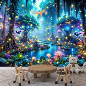 Enchanted Forest Luminous Mushrooms Gift, Art Print Photomural Wallpaper Mural Easy-Install Removeable Peel and Stick Large Wall Decal Art