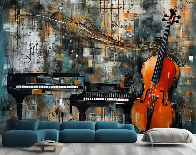 Musical Instruments Modern AI Generated Gift, Art Print Photomural Wallpaper Mural Easy-Install Removeable Peel and Stick Large Wall Decal