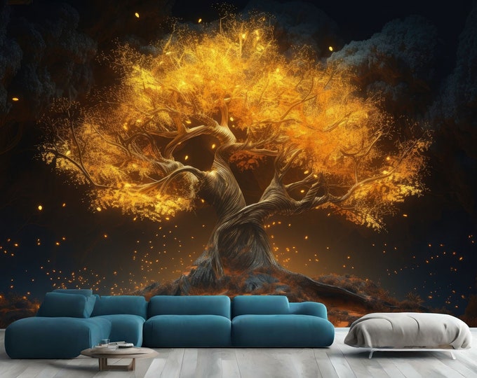 Golden Magical Tree in Forest AI Generated Gift Art Print Photomural Wallpaper Mural Easy-Install Removeable Peel and Stick Large Wall Decal