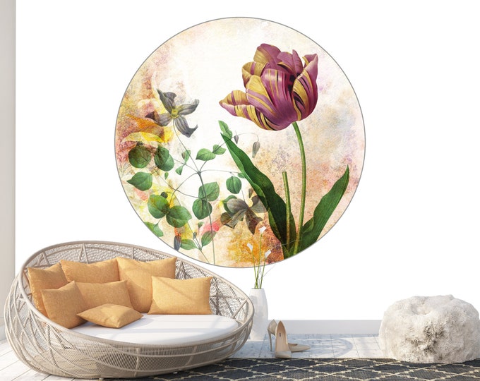 Circle Art Form Tulip by Pierre-Joseph Redouté Photomural Wall Décor Easy-Install Removable Self-Adhesive Peel & Stick High Quality Sticker