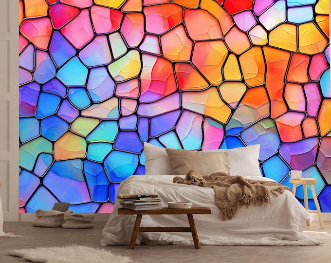 Colorful Stained Glass Window Vibrant Abstract Gift, Art Print Photomural Wallpaper Mural Easy-Install Removeable Peel and Stick Large Decal