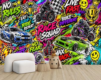 Graffiti-Auto-Poster „Race Squad“ – selbstklebende Tapete