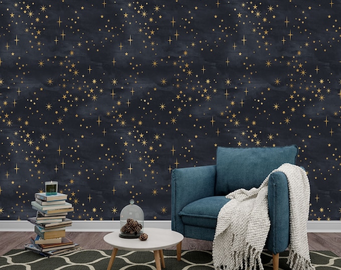 Starry Night Shining Stars Black and Gold Gift, Art Print Photomural Wallpaper Mural Easy-Install Removeable Peel and Stick Large Wall Decal