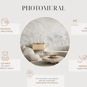 K&ouml;nnte beinhalten: Ein modernes Wohnzimmer mit einem fotorealistischen Fototapeten-Motiv eines tropischen Waldes. Das Zimmer verf&uuml;gt &uuml;ber ein helles Sofa, Sessel und einen runden Couchtisch. Text hebt &ouml;kologischen Druck, UV-Best&auml;ndigkeit und Eignung f&uuml;r Kinderzimmer hervor. Der Text erw&auml;hnt auch Zero Waste.
