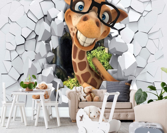 Kids Wall Decor 3D Giraffe Brick Wall Wallpaper mural Art Print Photomural Easy-Install Removable Peel & Stick High Quality Washable Vlies