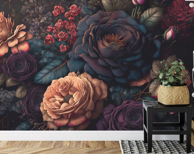 Baroque Flowers Rich Deep Colors Peonies Gift, Art Print Photomural Wallpaper Mural Easy-Install Removeable Peel and Stick Large Wall Decal