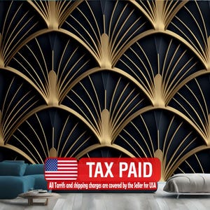 Art Deco Scallop Palm Fan Wallpaper Mural, Golden Easy-Install Peel and Stick Wall Decal