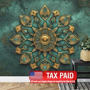 Green and Gold Mandala Wallpaper Mural, Peel and Stick Decal