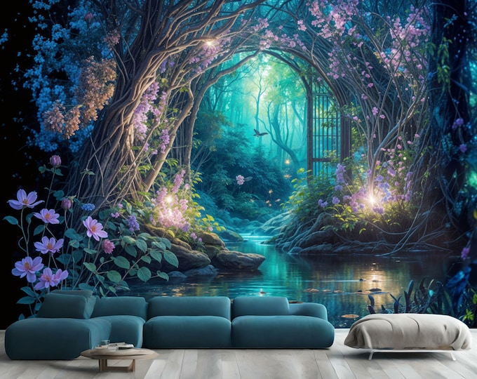 Fantasy Fairytale Magical Forest in Purple and Cyan Gift, Art Print Photomural Wallpaper Mural Easy-Install Removeable Peel and Stick Decal