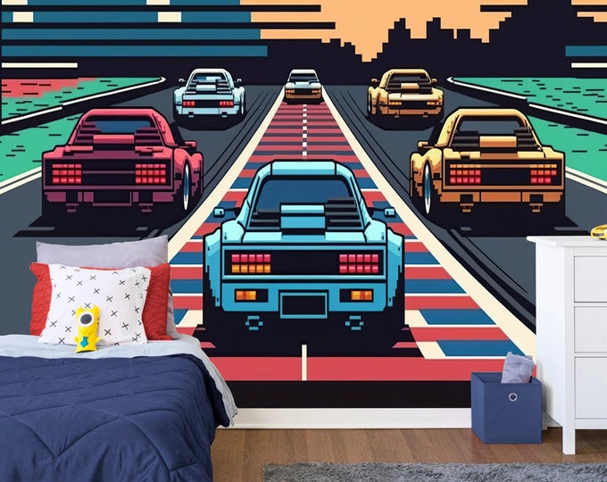 Retro Computer Game Car Race Pixel Art Gift for Kids, Art Print Photomural Wallpaper Mural Easy-Install Removeable Peel and Stick Wall Decal