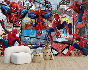 Pode incluir: Um mural vibrante com múltiplas ilustrações do Homem-Aranha em poses de ação. A obra de arte em estilo de banda desenhada mostra o super-herói em seu icónico fato vermelho e azul, contra um fundo de painéis de banda desenhada e paisagens urbanas. Uma poltrona branca e cestos decorativos em primeiro plano.
