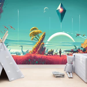Creature Spaceship Video Game Gaming Theme Wall Gift, Art Print Photomural Wallpaper Mural Easy-Install Removeable Peel and Stick Decal New