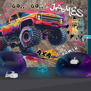Monster Truck Gaming theme Playing room personalized NAME Gift, Art Print Photomural Wallpaper Mural Removeable Peel and Stick Wall Decal