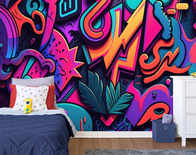 Abstract Art Neon Graffiti Colorful Print Photomural Wallpaper Mural Easy-Install Removeable Peel and Stick Premium Large Photo Wall Decal