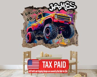 Personalized Monster Truck Wall Decal, 3D Kids Room Decor