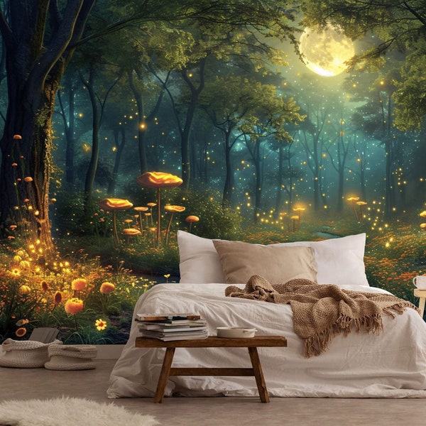 Fantasy Forest Glowing Trees Flowers Gift, Art Print Photomural Wallpaper Mural Easy-Install Removeable Peel and Stick Large Wall Decal Art