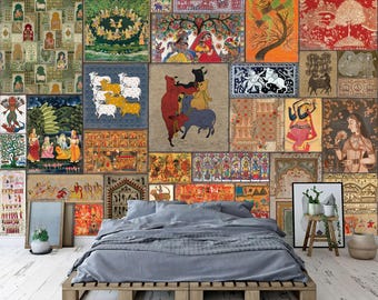 Mughal Art Wallpaper Mural, Traditional Indian Painting, Peel and Stick Decal