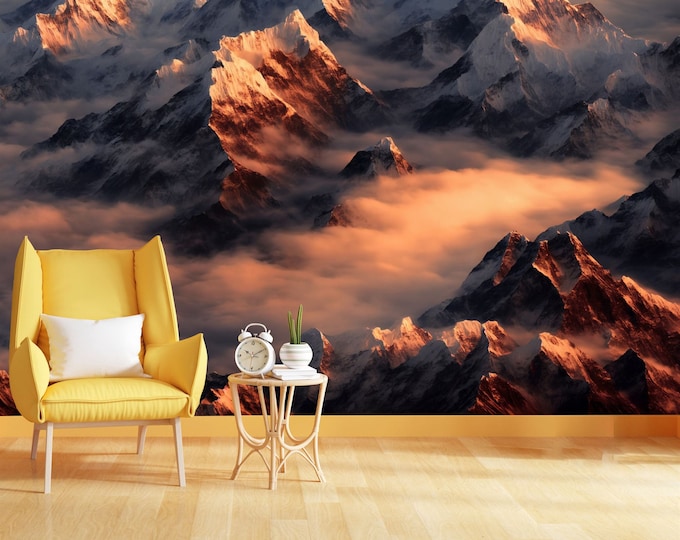 Himalayas View on Foggy Sunset Night Everest Gift, Art Print Photomural Wallpaper Mural Easy-Install Removeable Peel and Stick Large Decal