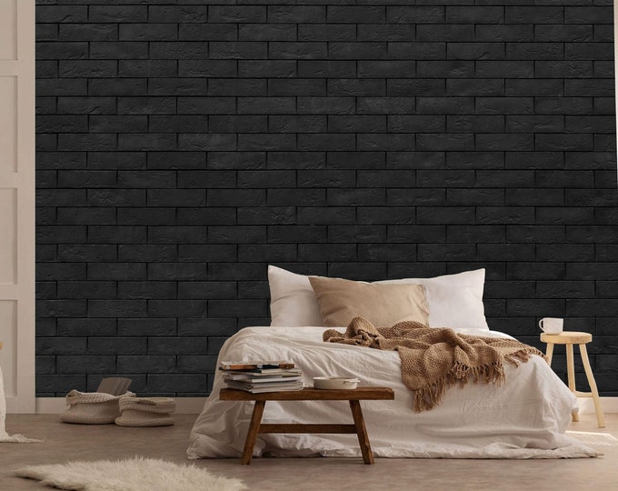 Modern Brick Wall Flat Black Tiles Gift, Art Print Photomural Wallpaper Mural Easy-Install Removeable Peel and Stick Large Wall Decal Art