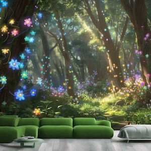 Cadeau magique de fleurs lumineuses de la forêt enchantée, grand sticker mural photo mural, impression d'art, facile à installer