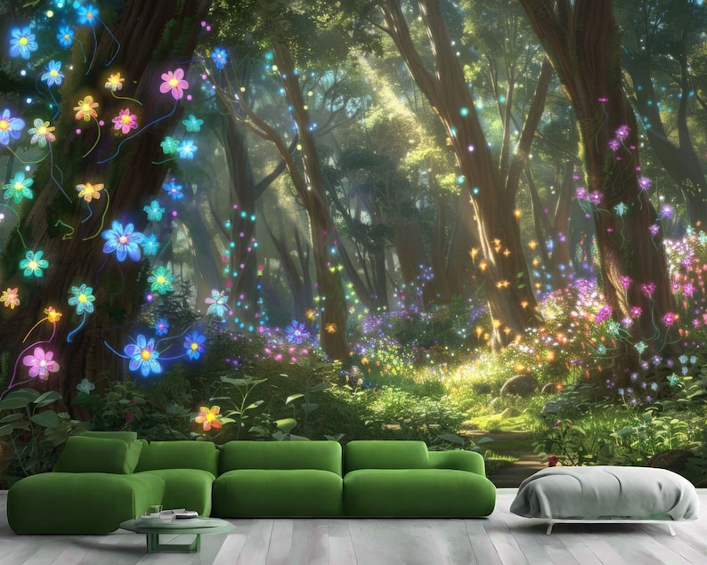 Enchanted Forest Wallpaper Mural, Glowing Flowers, Peel and Stick Wall ...