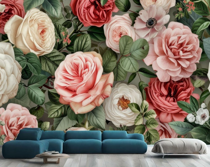 Vintage Pastel Flowers Peonies Roses Gift, Art Print Photomural Wallpaper Mural Easy-Install Removeable Peel and Stick Large Wall Decal Art
