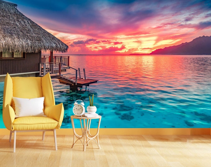 Colorful Sunset of South Pacific Ocean Lagoon Gift, Art Print Photomural Wallpaper Mural Easy-Install Removeable Peel and Stick Large Decal