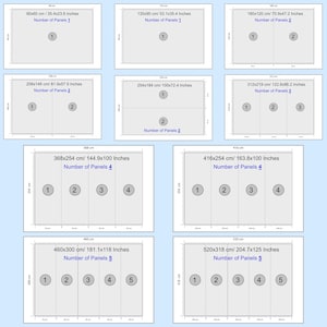 K&ouml;nnte beinhalten: Eine Auswahl an Wandkunst-Panelgr&ouml;&szlig;en, jeweils mit Abmessungen in Zentimetern und Zoll. Die Paneele sind nummeriert, mit Optionen von einem einzelnen Panel bis zu einem F&uuml;nf-Panel-Set. Das Bild bietet eine visuelle Anleitung.