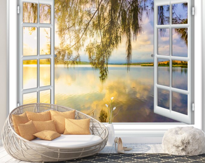 Window Ocean Paradise Sunny Art Print Photomural Wallpaper Mural Easy-Install Removeable Peel and Stick Premium Large Image Photo Wall Decal