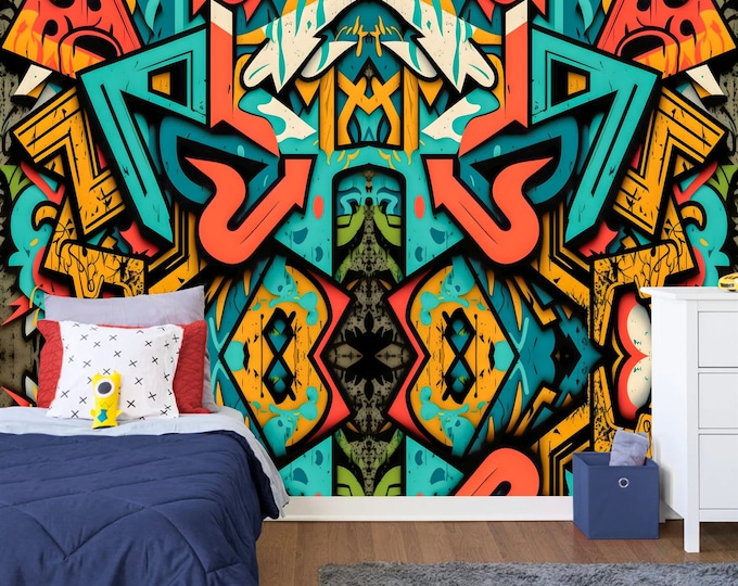 Colorful Funny Graffiti Teenage Kids Room Backdrop Gift, Art Print Photomural Wallpaper Mural Easy-Install Removeable Peel and Stick Decal