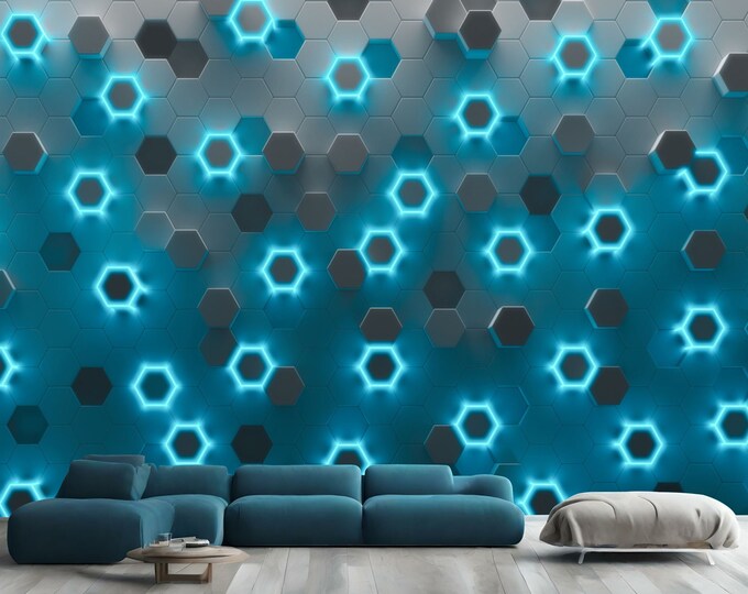 3D Grey Hexagons with Blue Lights Modern Gift, Art Print Photomural Wallpaper Mural Easy-Install Removeable Peel and Stick Large Wall Decal