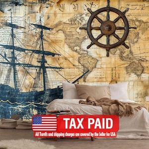 Nautical Map Wallpaper Mural, Peel and Stick, Captain's Log Art Print