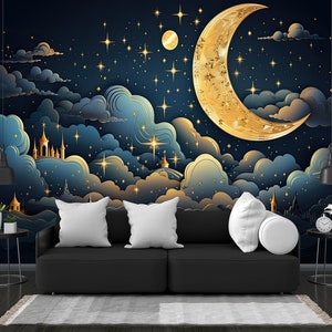 Creative illustration of a Golden Crescent Moon in clouds Generative AI Easy-Install Wall Mural Wallpaper Peel and Stick Modern Art Washable