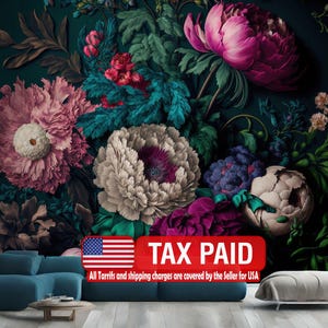 Baroque Peonies Wallpaper Mural, Rich Deep Colors, Peel and Stick