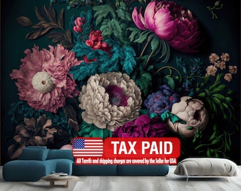 Baroque Peonies Wallpaper Mural, Rich Deep Colors, Peel and Stick