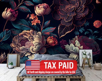 May include: A dark floral wallpaper design featuring large, stylized flowers in shades of burgundy, peach, and cream, with teal and gold accents. The flowers are set against a deep navy background, creating a dramatic and elegant aesthetic.