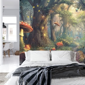 Enchanted Forest Mushroom Wall Mural, Luminous Wallpaper, Peel and ...