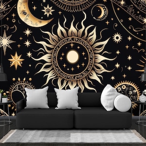 Étoiles dorées, lune, planètes, cartes de tarot mystiques, espace magique fantastique, IA facile à poser, papier peint mural art moderne autocollant lavable