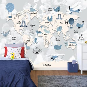Weltkarte Reise Tiere Wunder Kinderzimmer Dekor Geschenk für Kinderzimmer Easy-Install Wandbild Tapete Schälen und Stick Moderne Kunst Waschbar