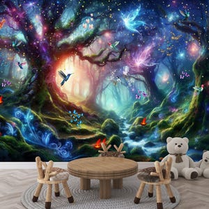 Enchanted Forest Night a Magical Moonlit Gift, Art Print Photomural Wallpaper Mural Easy-Install Removeable Peel and Stick Large Wall Decal
