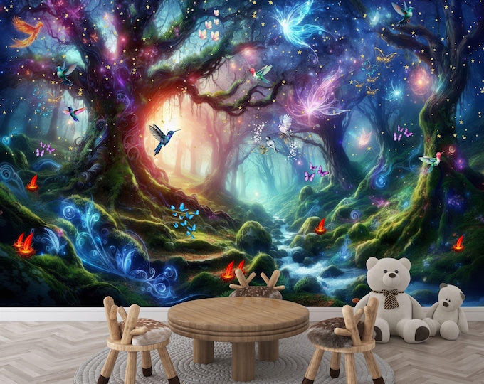 Enchanted Forest Night a Magical Moonlit Gift, Art Print Photomural Wallpaper Mural Easy-Install Removeable Peel and Stick Large Wall Decal