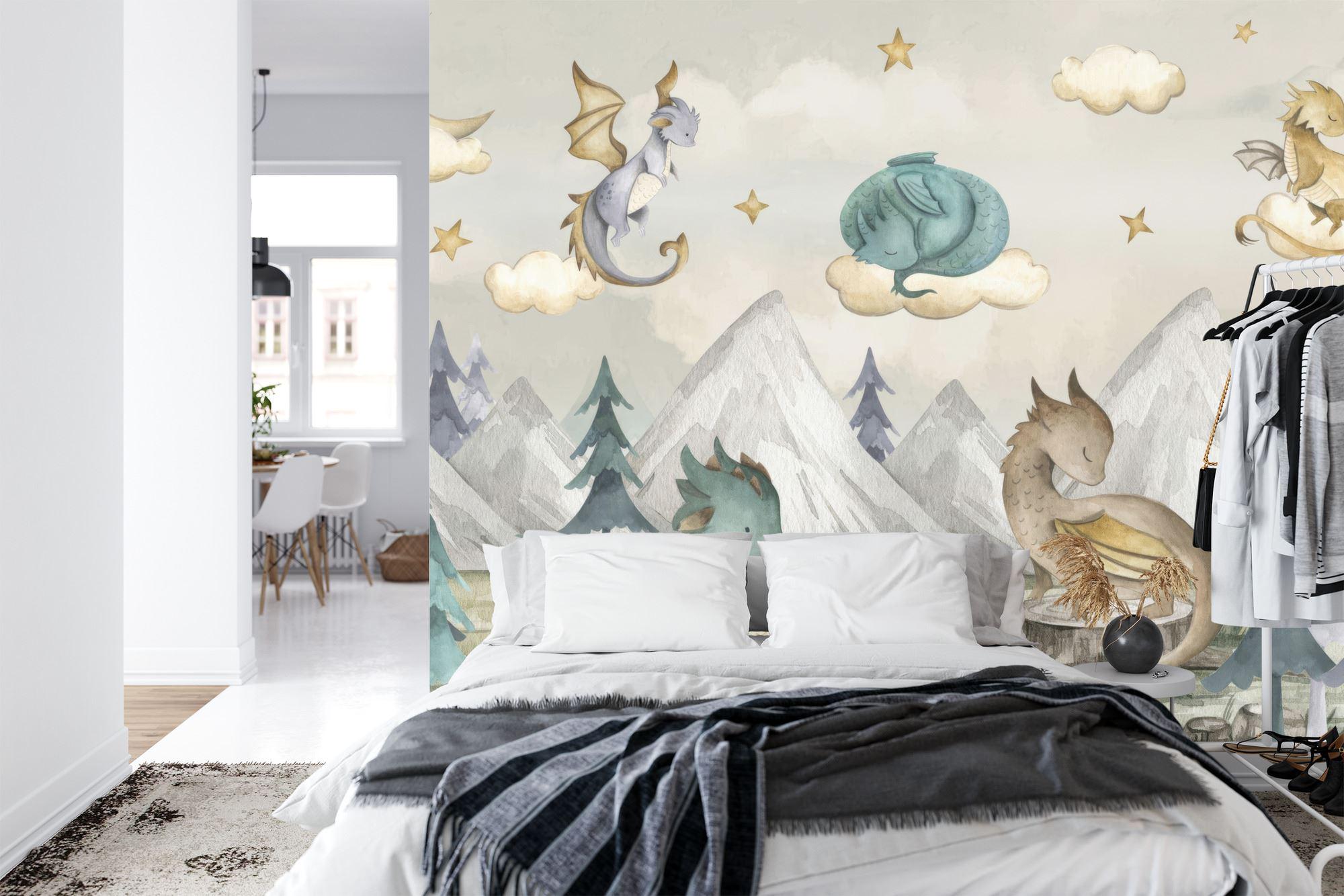 Watercolor Dragons Wallpaper Mural, Kids Nursery Decor, Peel and Stick ...